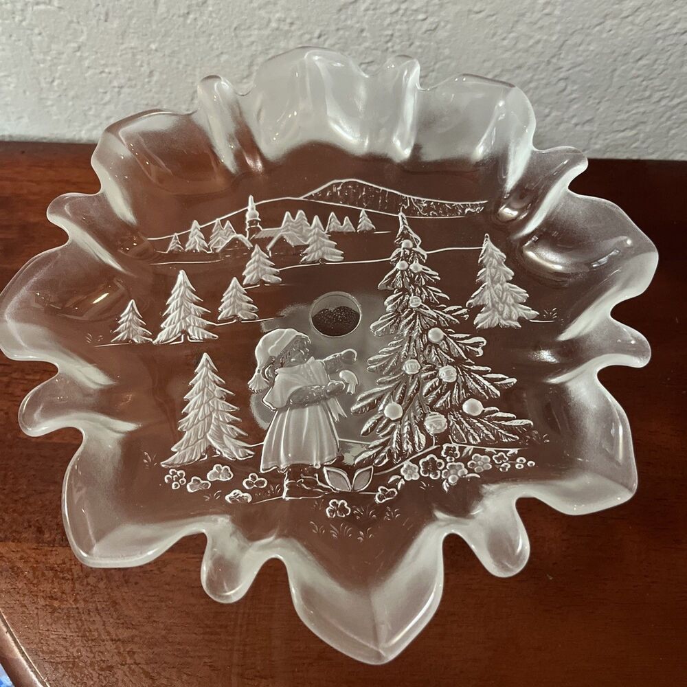 Mikasa Christmas Story Frosted Glass Pedestal Bowl Dish Ruffled Girl Tree Vtg